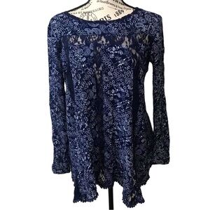 Altar'd State Paisley Lace Long Sleeve Boho Blue White Pull Over Top Size Medium